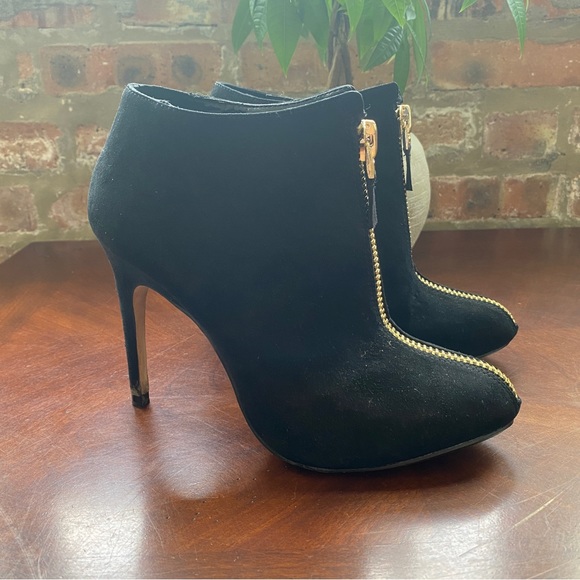 Zara High Heel Booties Black Suede Gold Zipper Front Women's Size 38 (US 7.5) - Picture 2 of 9
